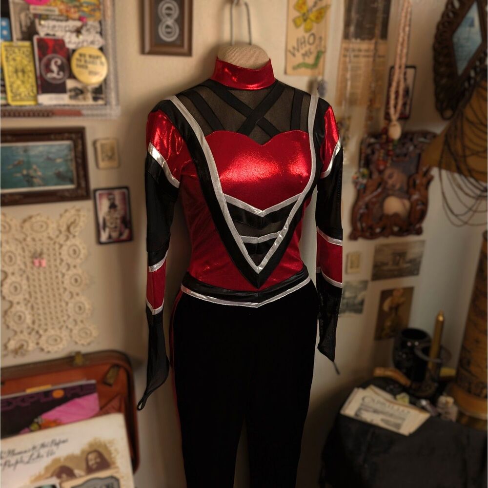 Metallic Color Guard Unitard Costume Uniform Women's Small Black Red Vintage